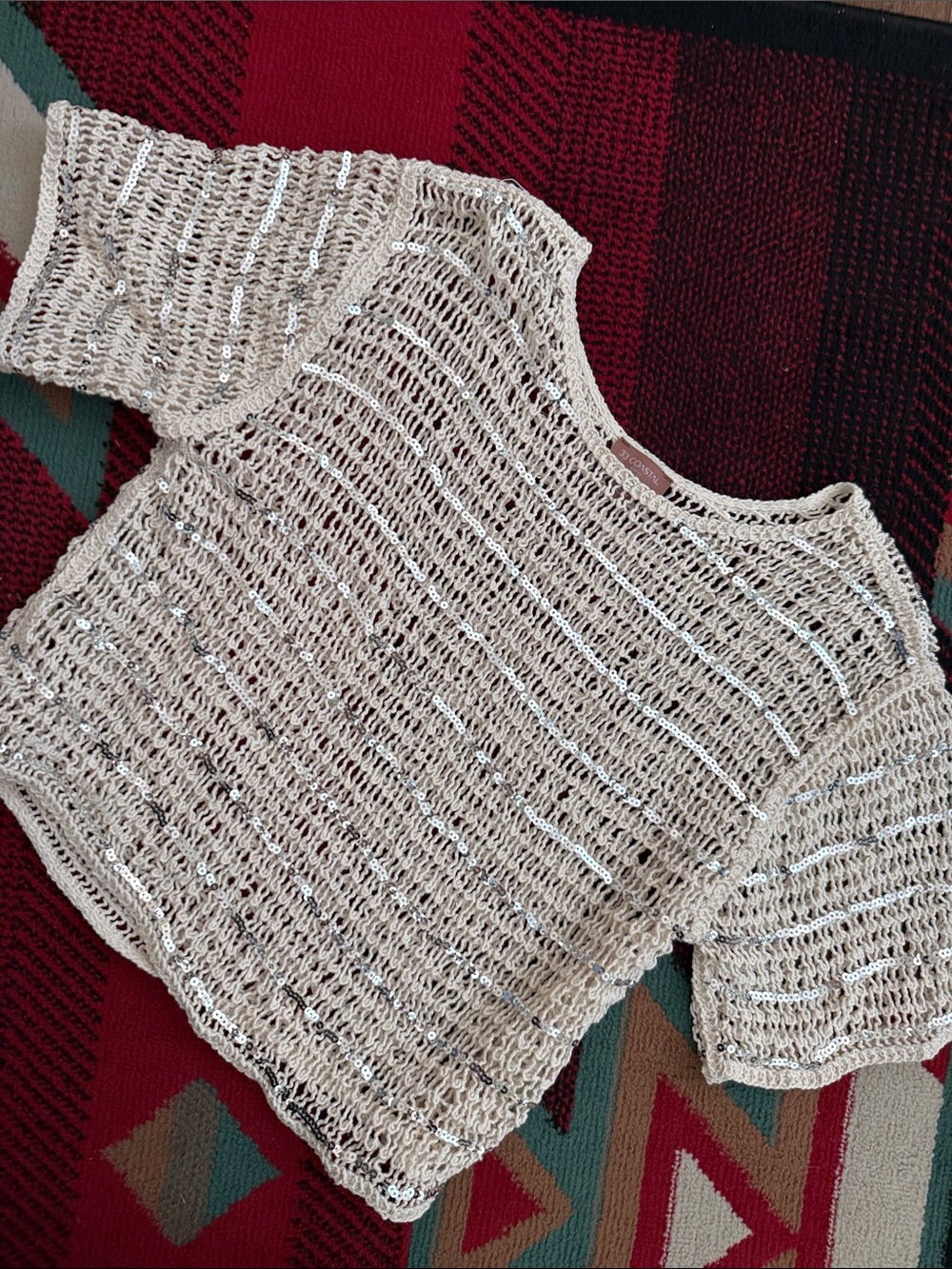 Beige Sequin Open-Knit Scoop Neck Sweater